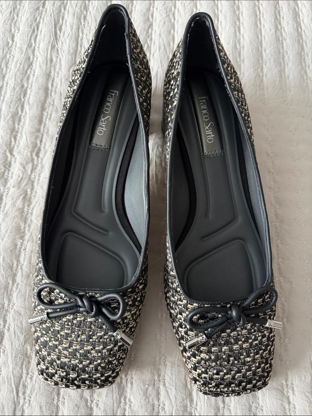 NWOT Franco Sarto Black-Gold-Cream Tweed Bow Ballet Heels 8.5 ❤️ Perfect In Fall